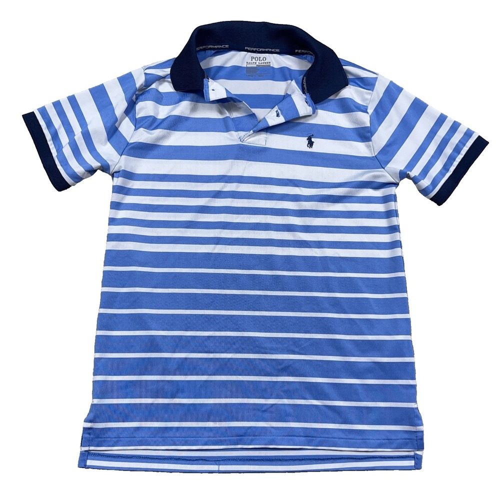 Ralph Lauren Polo Shirt Boys Large Blue White Striped Performance Golf **READ